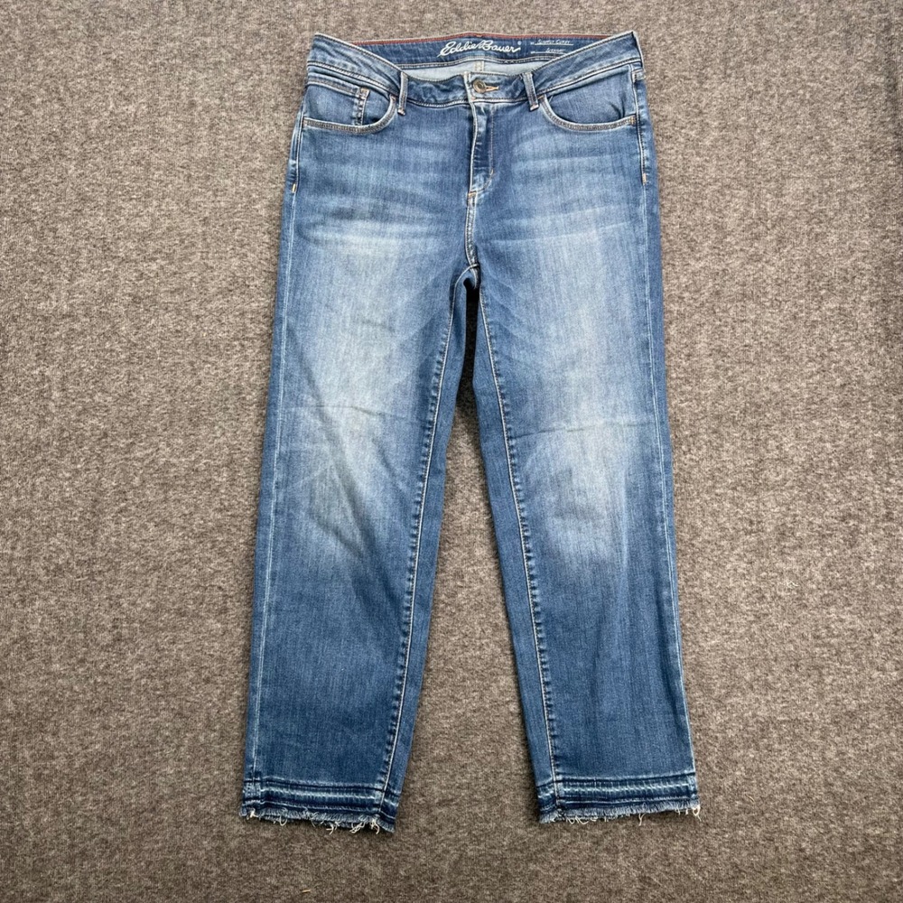 Eddie Bauer Womens 12 Slightly Curvy Straight Leg Jeans Medium Wash Raw Hem Blue